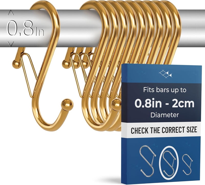 Blau Marité 10-Pack Metal S Hooks for Hanging – Heavy-Duty S-Shaped Hook with Safety Buckle – Fits Bars up to 0.8 In – Anti-Drop S-Hooks for Kitchen, Bathroom, Closet & Pot Racks – Gold (Medium) - Image 1